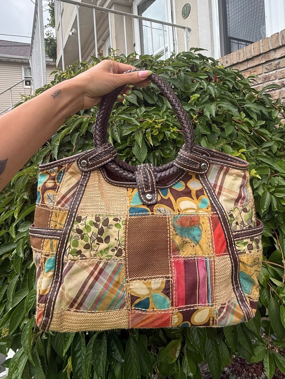 Vintage Fossil Patchwork Tote Bag Y2K Boho Leather Trim Shoulder Bag EUC